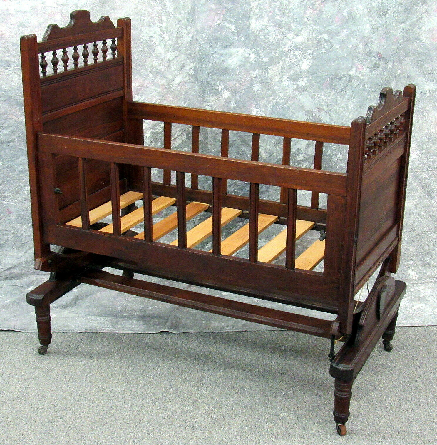 Antique Eastlake Victorian Walnut Baby Rocking Swinging Crib Cradle Bed
